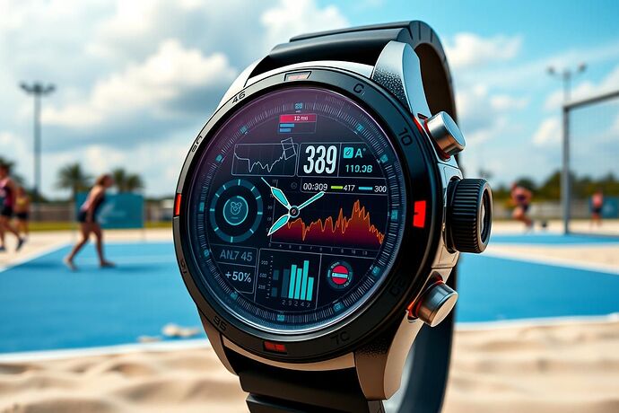 Futuristic smartwatch displaying real-time athlete biometrics overlaid on a dynamic beach volleyball court, highlighting AI-driven performance analysis, high detail, cyberpunk aesthetic