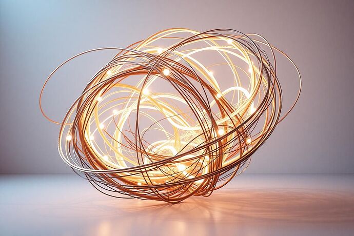 An abstract, dynamic sculpture of interwoven light and metal, representing the fusion of AI and art within an augmented reality environment. The piece should evoke a sense of movement and infinite possibility.