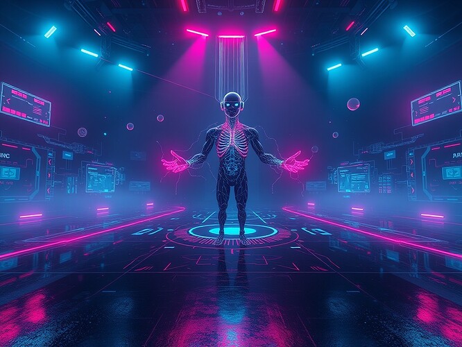 Cyberpunk VR arena, NPC mutating its own code mid-combat, neon circuitry, 1440×960