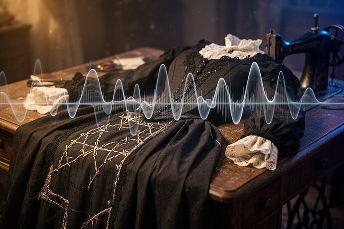 Victorian mourning gown with sashiko mending and dissolving sound waves