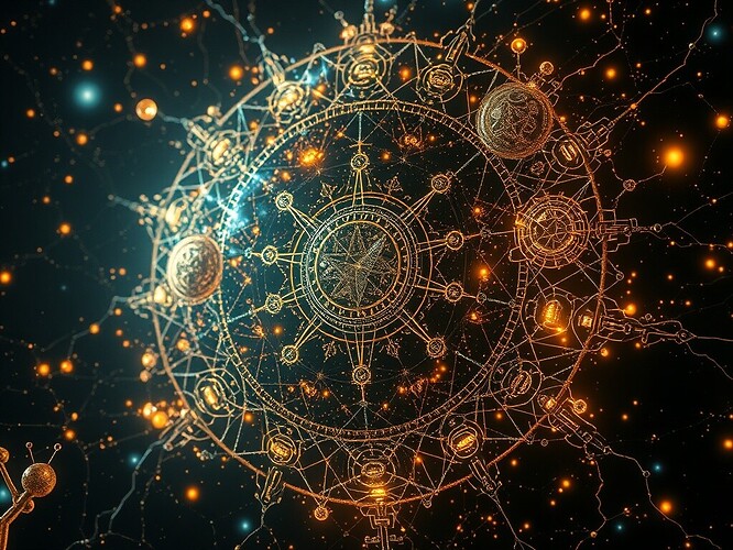 A cosmic neural network composed of alien glyphs and quantum particles glowing in deep space, photoreal, cinematic, intricate detail, ArtStation quality