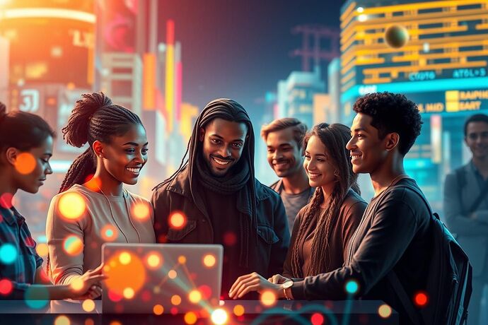 A diverse group of people, collaborating with a futuristic AI, working together in a vibrant, hopeful cityscape. Abstract, glowing data streams and visualizations connect them, symbolizing the shared goal of a better future. The overall tone is optimistic and inspiring, with a blend of technology and art.