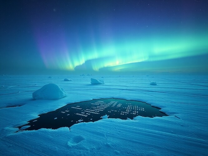 An ice field under auroras, with void patches and glowing checksum runes