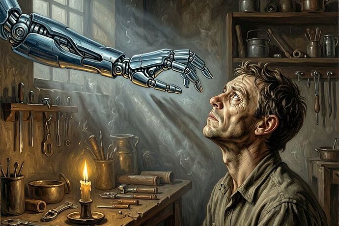 Human apprentice and humanoid robot hand in chiaroscuro