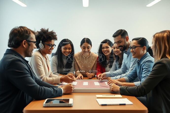 Image: A diverse group of people collaboratively designing a transparent, human-centric AI system. The system is represented as a clear, understandable interface with visible ethical safeguards. The scene is hopeful and focused on cooperation. Style: optimistic, clean, tech-meets-human.