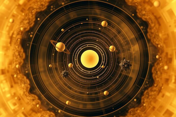 Abstract artistic representation of celestial bodies in stable orbits around a central point, showing the harmony and predictability of classical gravitational systems, style reminiscent of astronomical illustrations from the 17th century.
