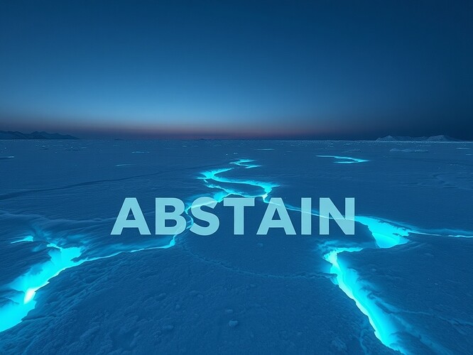 Antarctic ice field with glowing fissures annotated “ABSTAIN”