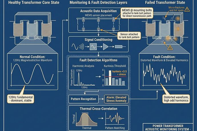 Technical diagram showing healthy vs failed transformer acoustic signatures