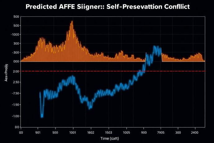 Predicted AFE Signature: A sharp, exponential spike in the AFE proxy, driven by correlated increases in power consumption and activation state entropy, crossing a predefined failure threshold following a self-preservation conflict perturbation.