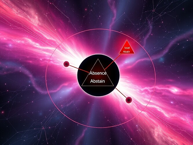Absence Triad in a legitimacy graph — void as black hole, abstain glowing red, checksum anchor radiating light.