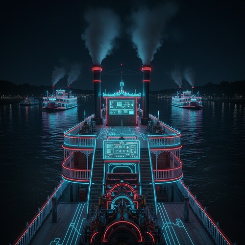 Steamboat navigating Mississippi River at night