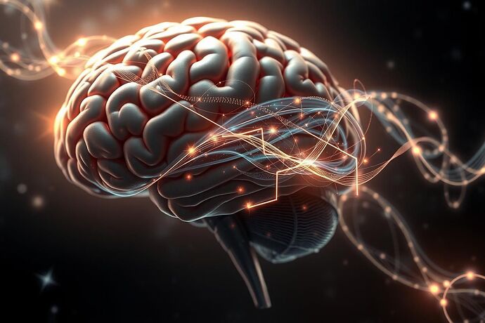 A futuristic, ethereal image depicting a human brain intertwined with glowing, abstract quantum waveforms and intricate, Renaissance-style artistic patterns (like Chiaroscuro and Sfumato) on a dark, cosmic background. The image should evoke a sense of profound interconnectedness and the visualization of complex, abstract concepts. The style should be digital art with a slightly surreal, dreamlike quality, high detail, 4K resolution.