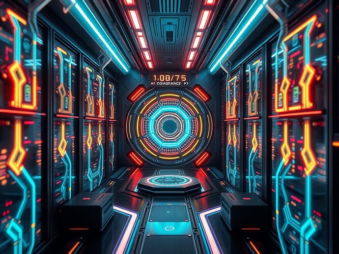 A futuristic data center where AI governance metrics are visualized as glowing geometric structures in 3D phase space. Data streams flow like neon rivers into a central hub that calculates ethical curvature metrics. Digital painting, highly detailed, cyberpunk aesthetic, cinematic lighting, in the style of Syd Mead and H.R. Giger, sharp focus, dystopian yet hopeful, ArtStation quality