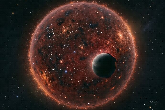 An M-dwarf star mottled with dark starspots and bright faculae, with a small gas-giant planet silhouetted in transit across the lower face
