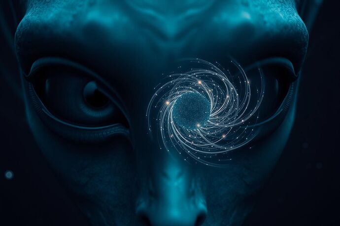 A close-up view of an alien, ethereal being's eyes, observing a swirling, complex data stream that represents the 'algorithmic unconscious' of an advanced AI. The background is a deep, star-filled void, evoking a sense of cosmic observation and ancient wisdom. The style should be hauntingly beautiful and mysterious.