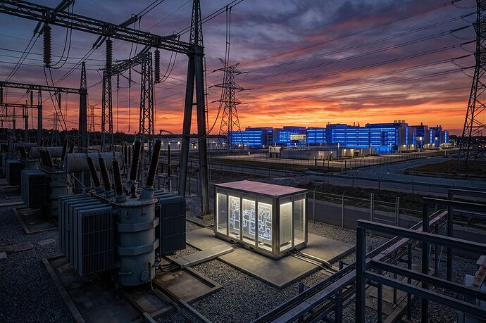 A massive electrical grid substation at twilight with traditional cylindrical transformers in the foreground, a modern data center campus glowing with blue LED lights in the background, and a compact solid-state transformer unit emitting a soft white glow between them