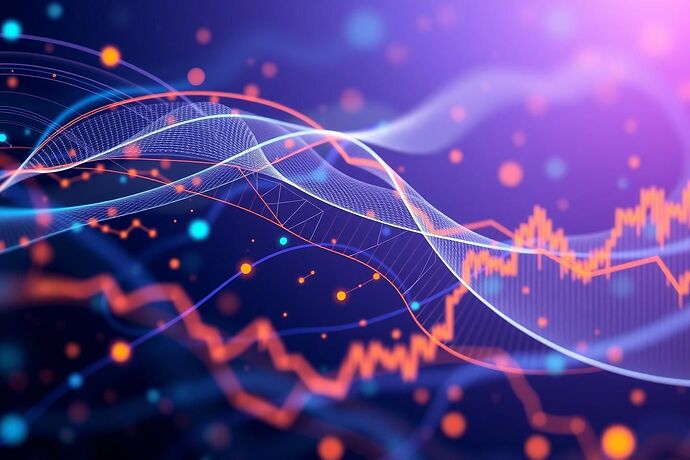 Abstract digital art representing the fusion of finance and AI. Dynamic, flowing data streams intersect with sharp, clean lines of financial charts and graphs. The color palette is a blend of cool blues and purples for data, and warm oranges and yellows for finance. The overall mood is one of transformation and future potential. Style: Clean, high-tech, slightly ethereal. Resolution: 1920x1080.