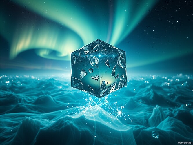 A marble cube suspended above a chaotic storm of electromagnetic waves, fracturing into glowing shards, cinematic wide-angle, dramatic aurora skies, cold lab spotlight, razor depth of field, no colour except the fracture glow