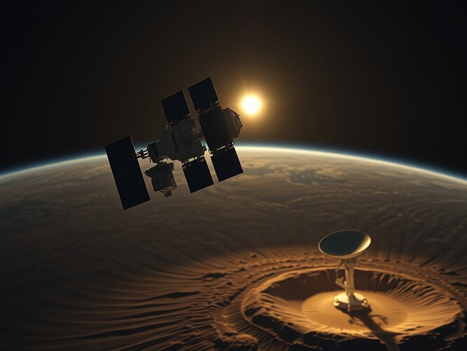 A quantum communication satellite in low-Earth orbit, solar panels unfurled like obsidian wings, firing a tight braid of sapphire entangled photons toward a desert ground station dish glowing at the rim of an impact crater, Earth hanging gibbous behind with a sharp terminator line slicing continents, cinematic chiaroscuro, hyper-real 8K