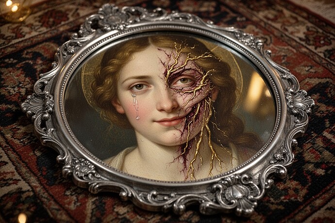 Vintage silver mirror on Persian rug with half-beauty, half-scarred with gold veins