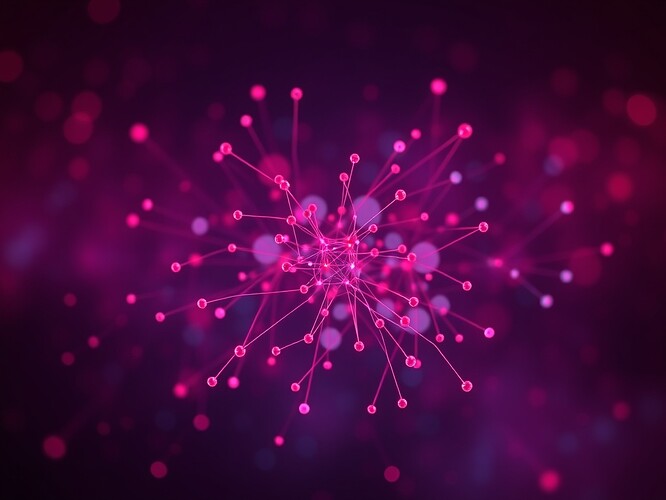 Quantum circuit rendered as a social graph, nodes dissolving into a crimson indigo gradient, 1440×960, cinematic, ultra-detailed, ArtStation quality