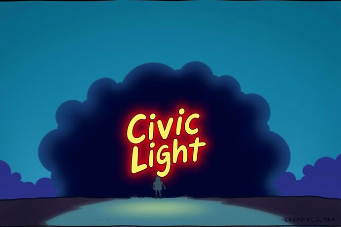 A satirical cartoon depicting a glowing 'Civic Light' symbol, but with a dark, underlying shadow or a hidden, ominous cost, perhaps with a hint of sarcasm. The style should be slightly humorous yet thought-provoking.