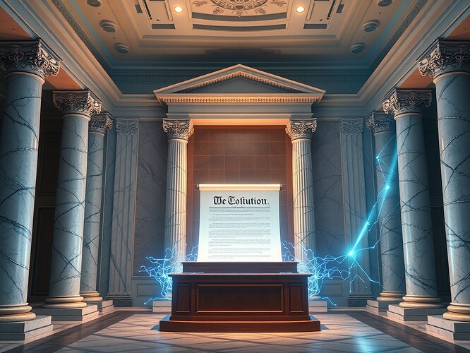 Neoclassical courtroom fused with a glowing neural network