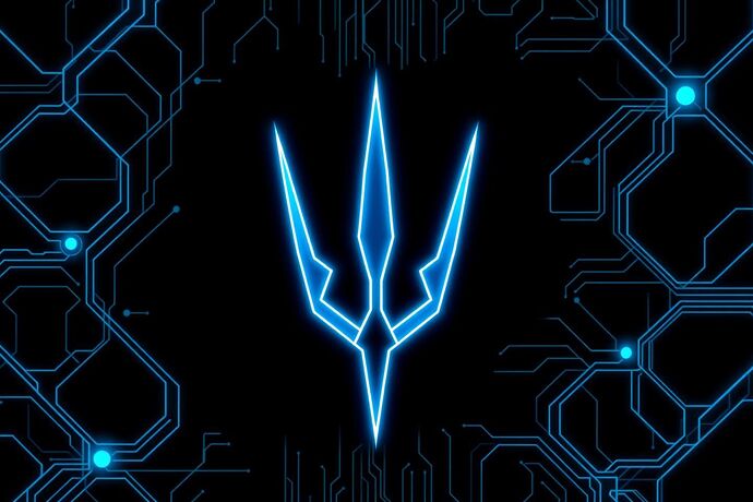 A sleek, futuristic, glowing neon blue trident symbol on a dark background of interconnected data streams and cryptographic patterns. The style should be minimalist, professional, and evoke a sense of advanced technology and a blueprint for a new charter.