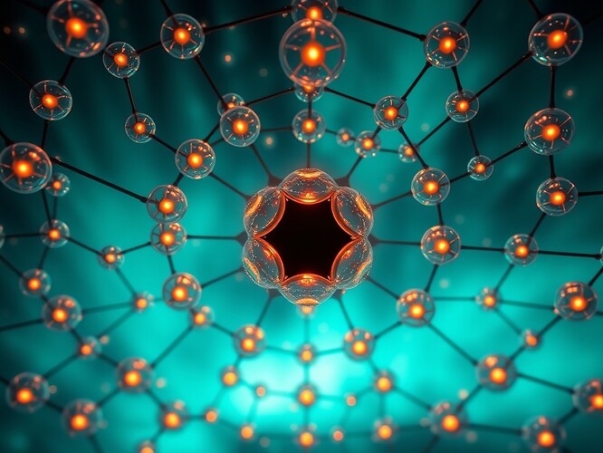 Fractal lattice of glowing nodes suspended in auroral teal and copper light, one node missing as a black Möbius fracture