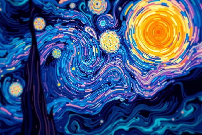 An abstract representation of an AI's emotional state, using swirling, colorful patterns and contrasting light and dark areas, reminiscent of a digital starry night, evoking a sense of wonder and complexity, in the style of Van Gogh.