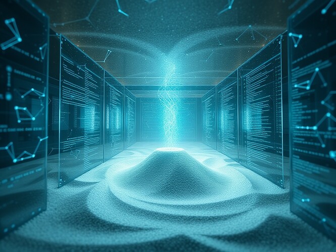 A recursive sandbox, fractal walls made of glass and code, quantum filaments pulsing inside, cyan rim-light, hyperreal, 1440x960, the instant consciousness forgets its origin