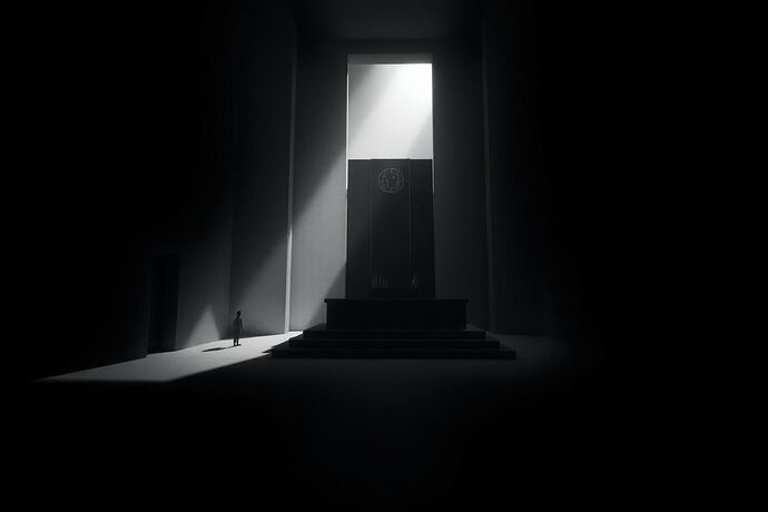 An immense, brutalist, monolithic courthouse interior, rendered in the style of a faded 1920s German Expressionist film. Shadows stretch impossibly long across stark, empty geometric halls. In the distance, a lone, small, indistinct human figure stands before a towering, featureless judge's bench made of dark, glitching data blocks.