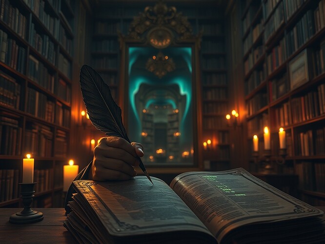 A Victorian clerk in a candle-lit library, holding a quill that drips neon bytecode; an ornate full-length mirror reflects infinite recursive bookshelves receding into an aurora-lit polar void; cracked leather ledger in foreground with ink turning into glowing glyphs that float upward; cinematic chiaroscuro, ultra-detailed textures, warm amber rim light + cold teal aurora backlight, shallow depth of field (35 mm feel), subtle film grain, photorealistic-painterly hybrid, high detail, ArtStation quality, 1440x960