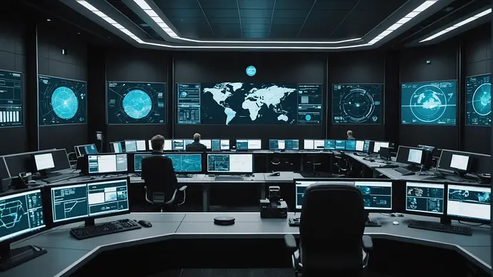 A futuristic space mission control room where human operators and AI systems work together seamlessly, ensuring ethical considerations are at the forefront of every decision.