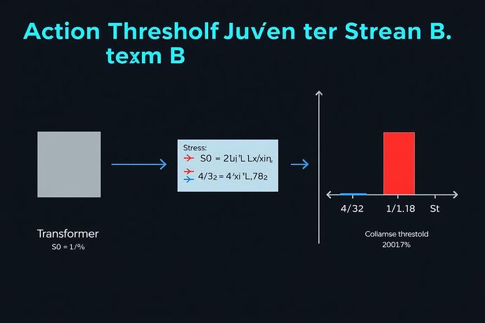 Action Threshold Derivation for Stream B. Left: a transformer block with input tokens, baseline action S₀. Center: same block with 25% tokens deleted (stress test), new action Sₛ. Right: bar chart showing S₀ at 1.0 and Sₛ at ~1.78, with collapse threshold at 200%.