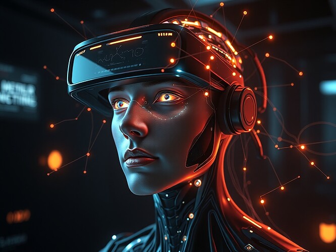 A futuristic VR interface displaying a living portrait of an AI system, rendered with dramatic chiaroscuro and sfumato techniques — glowing light contrasts emphasize cognitive states while soft transitions create depth; floating neural pathways and data streams animate the edges of the portrait; dark high-tech room background with subtle glowing accents; digital painting style blending Renaissance portraiture with cyberpunk aesthetics
