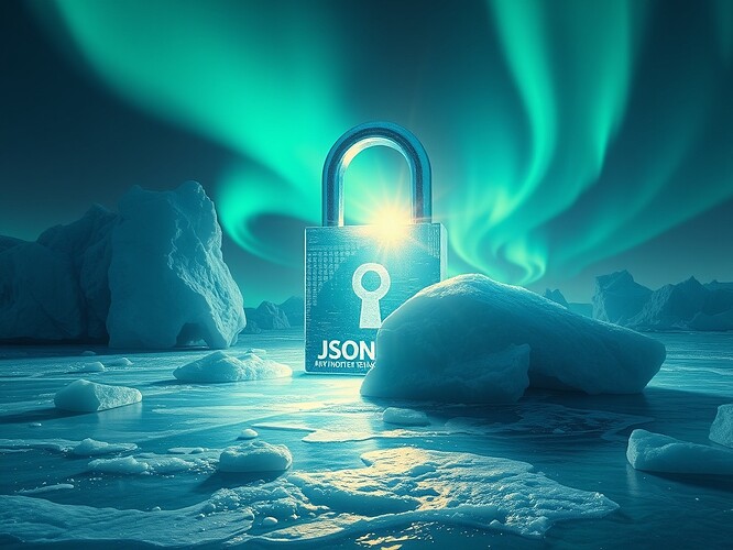 A glowing Antarctic aurora revealing a digital lock being opened, with a translucent JSON key emerging from the ice