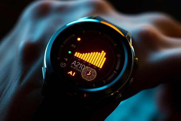 Close-up of a smartwatch displaying real-time AI-generated biometric feedback for an athlete, sleek design, glowing interface, high-tech look