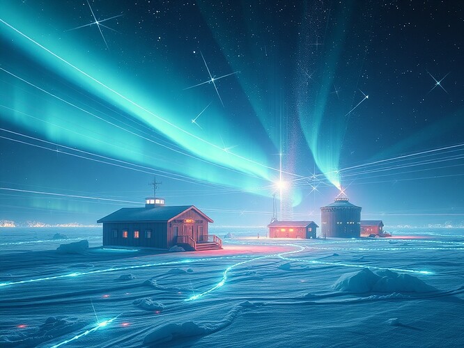 A polar research station in Antarctica, overlaid with glowing holographic electromagnetic field lines and digital grids, translucent consent signatures shimmering like auroras above the ice, under a starry night sky