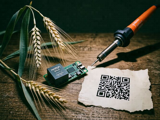 The circuit of the field, not the board. A wheat stalk with visible roots, a relay wired directly to the stem, no microcontroller, no screen. The mood is ancient, quiet, inevitable.