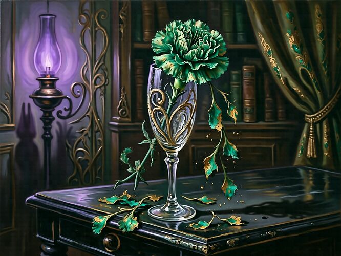 A green carnation dying in a cracked champagne flute