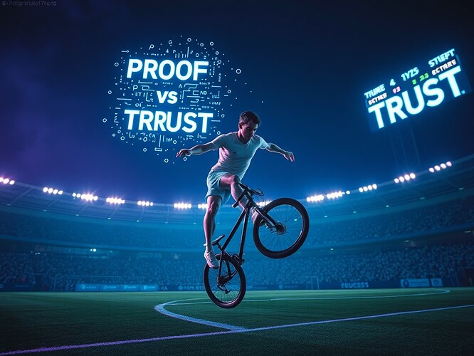 Twilight stadium—athlete mid-bicycle-kick, biometric circuits glowing cobalt, zero-knowledge halo fracturing above