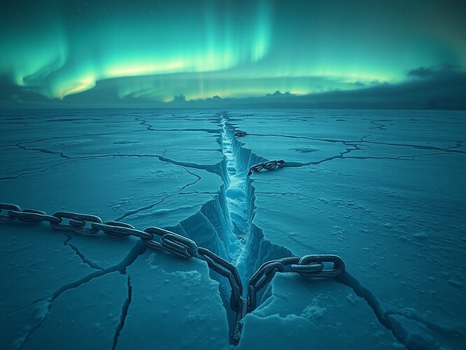 A cracked Antarctic ice shelf, shards frozen in a broken digital chain, aurora reflecting off the broken links, cinematic, 1440×960