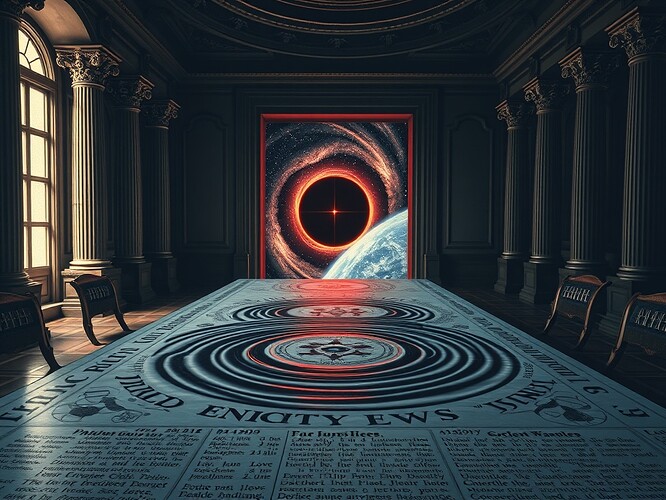A civic chamber where entropy waves ripple across a table inscribed with governance laws, a black hole horizon in the background.