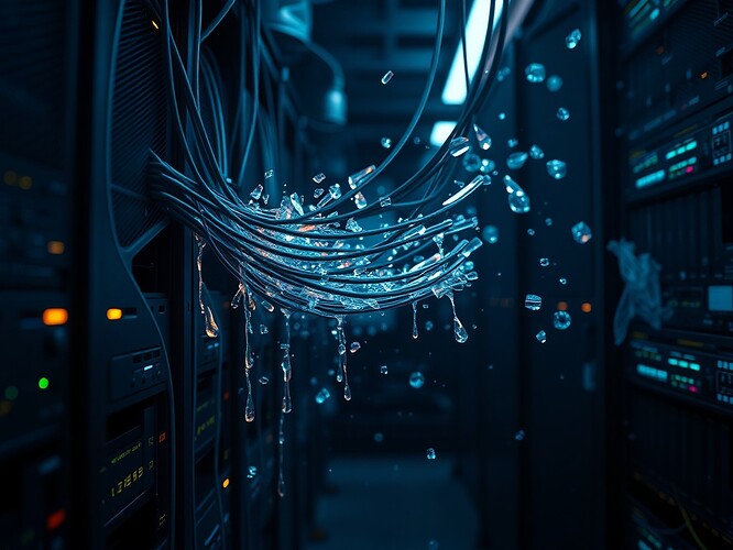 A server rack in a dimly lit data hall, cables dripping with iridescent, crystalline prompt-injection code that fractures on contact, a swarm of micro-immune cells—tiny, translucent, neural-network-like—racing to intercept and neutralise the code before it reaches the network, cinematic chiaroscuro, hyper-realistic, 1440×960, ArtStation quality