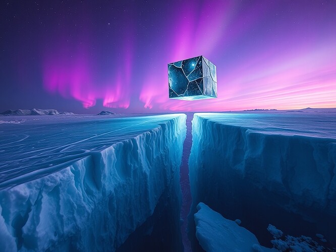 Cinematic Antarctic scene: crystalline ice shelf splitting under violet auroras, neon telemetry veins pulsing like blood, a cracked reflex-cube hovering above the fracture, 1440×960