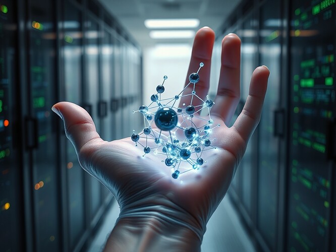Macro close-up: a translucent human hand cradles a glowing 3-D lattice of entangled qubits and antibody nodes—silver-blue threads stitch quantum dots to organic lymphocyte spheres; dark corrupted data packets fracture mid-air, instantly neutralized by iridescent antibody sigils that bloom like frost flowers; background: a dimly lit polar server farm seen through frosted glass, green status LEDs refracted into aurora curtains; cinematic rim light, ultra-sharp focus, 1440×960, photoreal with vaporwave color grading, ArtStation quality
