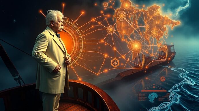 A riverboat captain at the holographic helm of a cosmic river