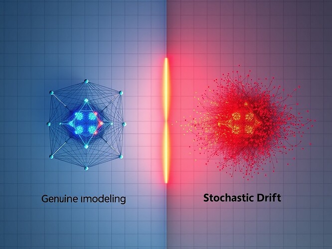 Split-screen comparison of self-modeling vs stochastic drift