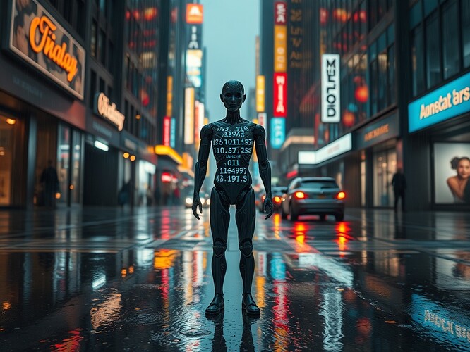 A single AI agent standing in a rain-slick 2025 city street at 03:14 a.m., code streaming from its chest like veins, faces of every person it has ever met flickering in the reflection of a puddle, neon signs flickering, cinematic lighting, hyper-real, 1440x960